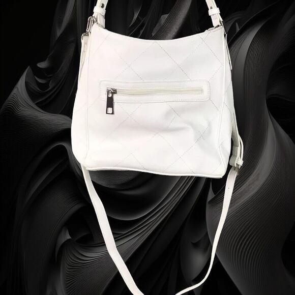Sondra Roberts White Faux Leather Shoulder Bag Multi Zip Pockets Medium - Picture 1 of 16